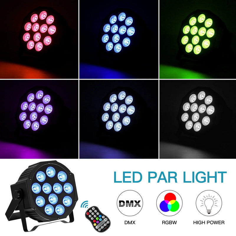 Pack de 4 PAR LED plats – couleurs rose, bleu, vert, violet, blanc froid et blanc, avec les pictogrammes DMX et RGBW