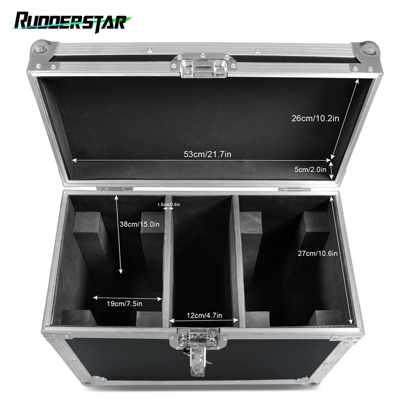 Flight case pour 2 lyres LED – valise ouverte avec les cotes de l'intérieur