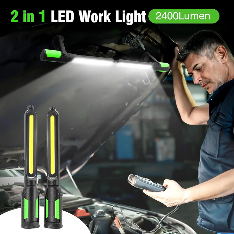 Lampe de travail LED 2 en 1 rechargeable de 2400 lumens, magnétique, crochets, USB-C