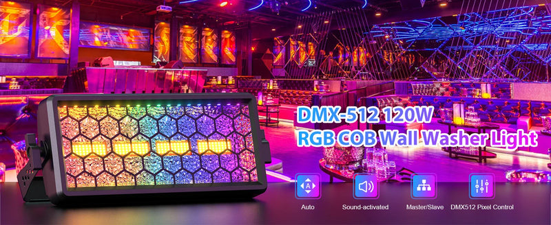 Projecteur mural LED COB 120 W – projecteur allumé en couleurs devant un bar illuminé