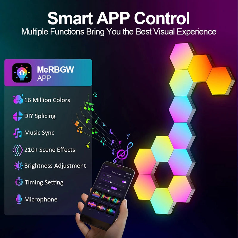Panneau LED hexagonal mural RGB, application, télécommande, lot de 8 à 20