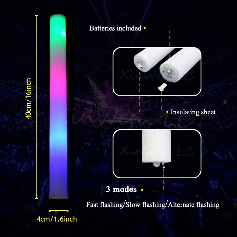 Bâtons lumineux mousse LED – dimensions et compartiment à piles