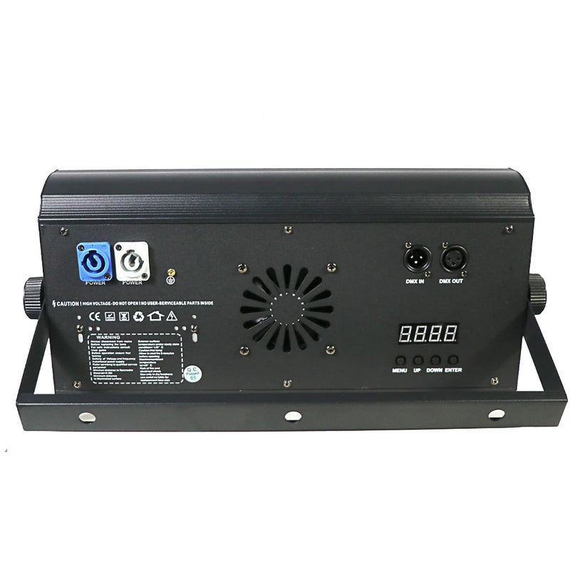 Stroboscope LED 200 W – face arrière : alimentation, entrée et sortie DMX, afficheur