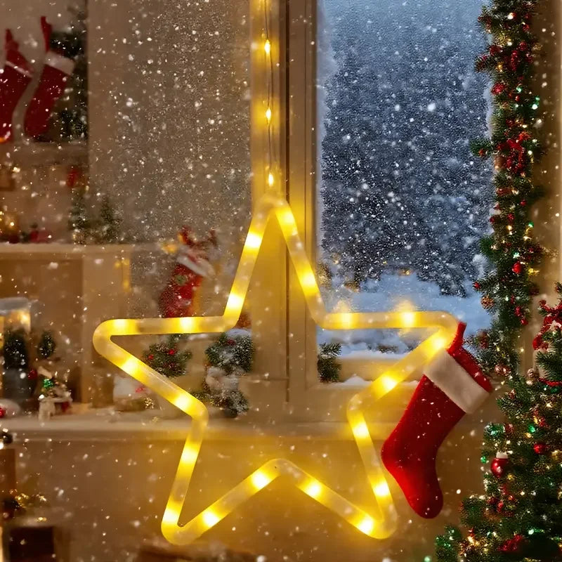 Décoration fenêtre Noël lumineuse à ventouse – étoile lumineuse à une fenêtre enneigée avec chaussette de Noël