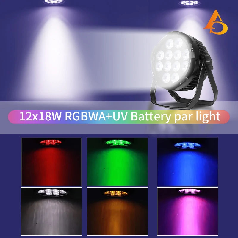 Projecteur PAR LED sur batterie IP65 – effets de couleurs : rouge, vert, bleu, blanc, ambre et rose