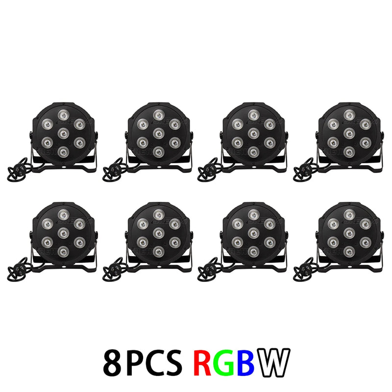 Lot de 8 projecteurs PAR LED 7 x 12 W RGBW 4 en 1, vue de face