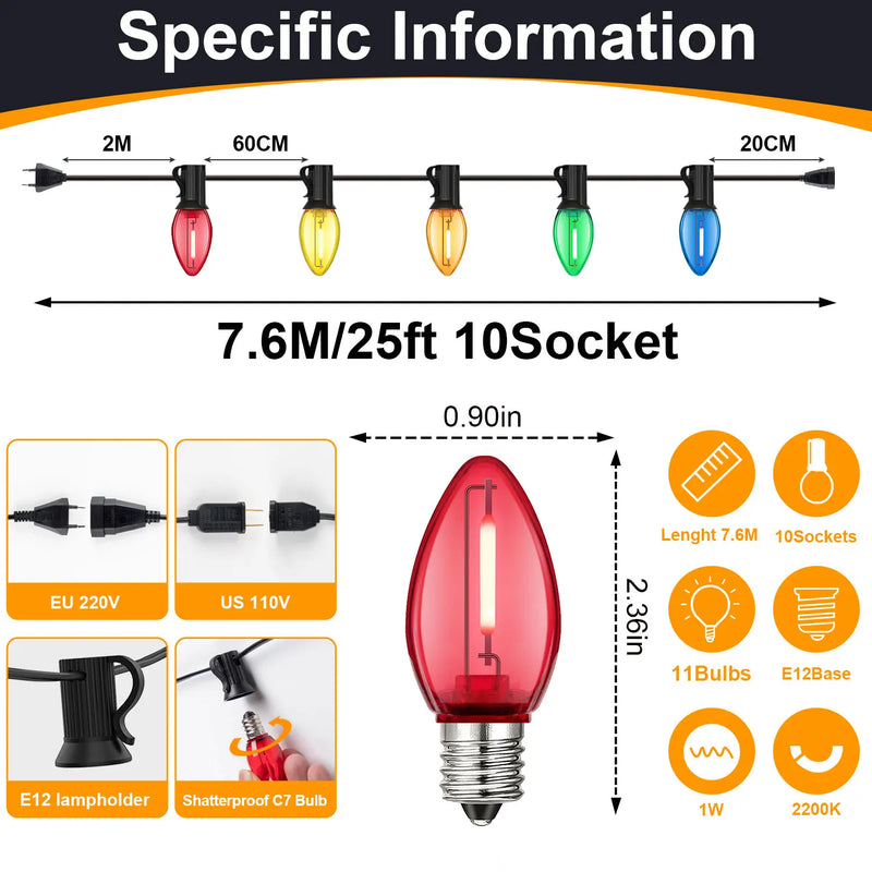 Guirlande lumineuse C7 – version 7,6 m, 10 douilles et 11 ampoules, schéma des cotes