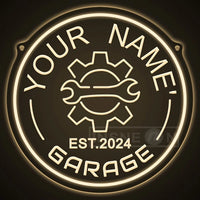 Néon garage personnalisé avec votre nom, engrenage, rond 29 cm, USB