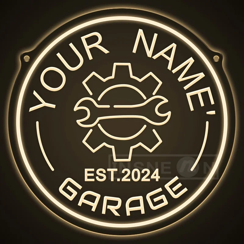 Néon garage personnalisé avec votre nom, engrenage, rond 29 cm, USB