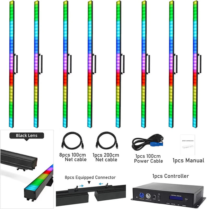 Barres LED pixel RGB 100 cm – lot de 8 tubes à lentille noire avec câbles, connecteurs, manuel et contrôleur