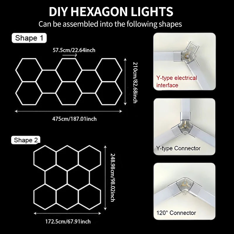 Éclairage LED hexagonal de garage – format de 8 hexagones de 475 x 210 cm