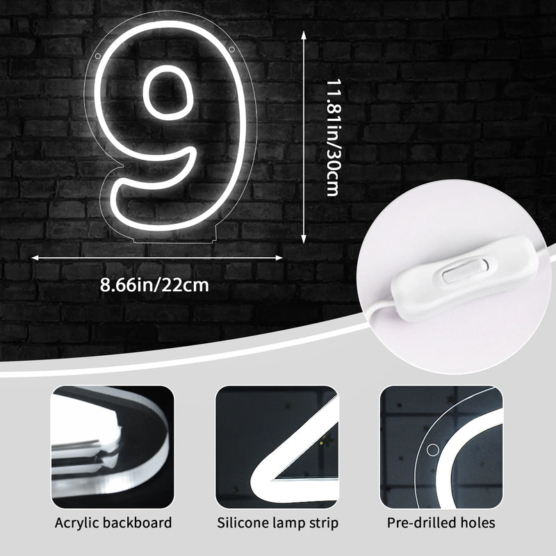 Chiffre néon LED blanc – dimensions du chiffre 9, 30 x 22 cm