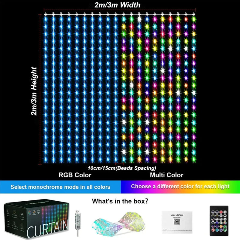 Rideau lumineux LED RGB programmable, 1 ou 2 rideaux de 256 à 800 LED