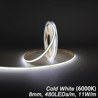 Ruban LED COB 9 couleurs – blanc froid 6000 K, 8 mm, 480 LED/m