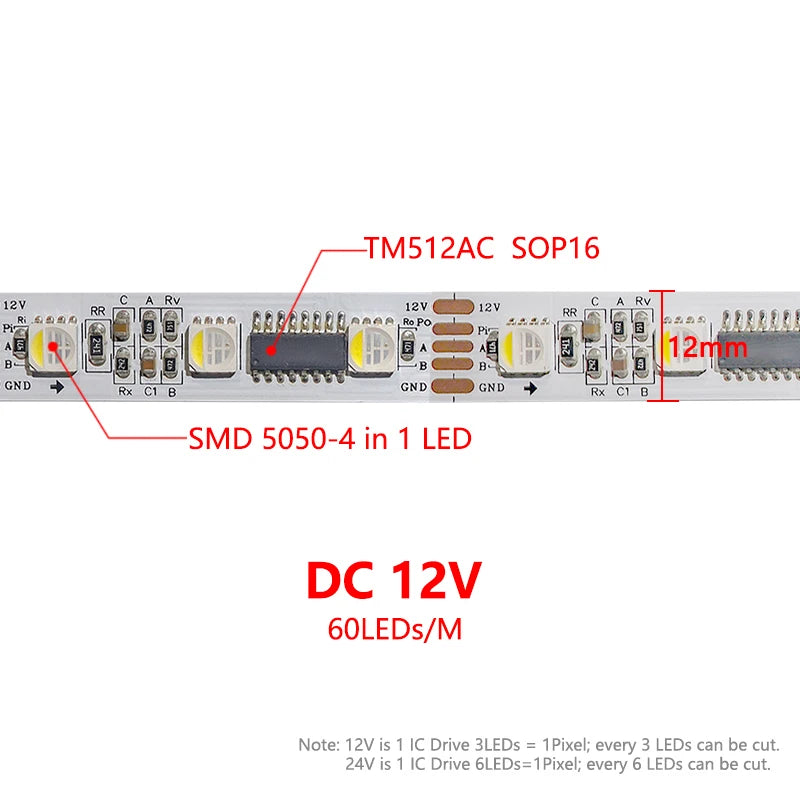 Ruban LED adressable DMX512 – ruban de 12 V à puce SOP16 et circuit de 12 mm