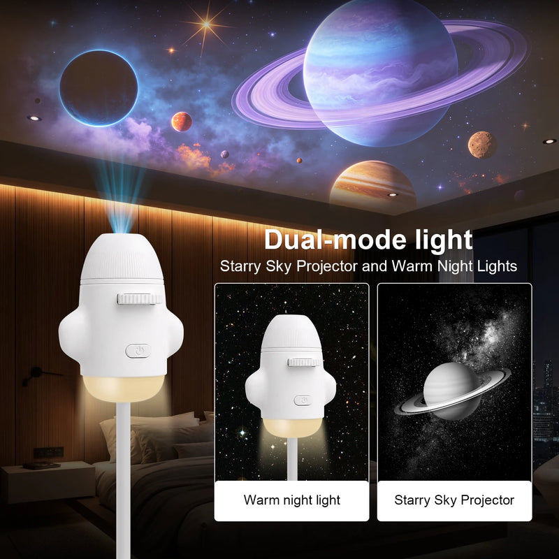 Mini projecteur d'étoiles USB en forme de fusée – lampe en double mode devant des planètes