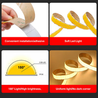 Ruban LED COB à rangées – adhésif, lumière douce et angle de diffusion de 180°
