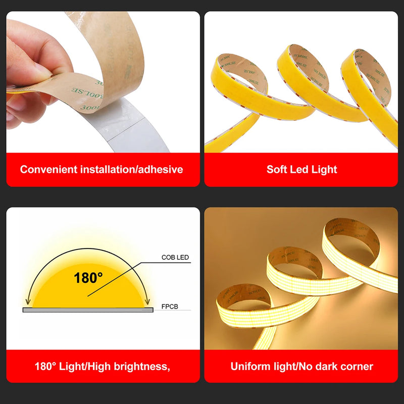 Ruban LED COB à rangées – adhésif, lumière douce et angle de diffusion de 180°