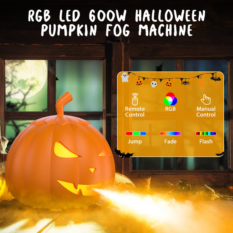 Machine à fumée citrouille 600 W à 6 LED RGB pour Halloween, télécommande sans fil
