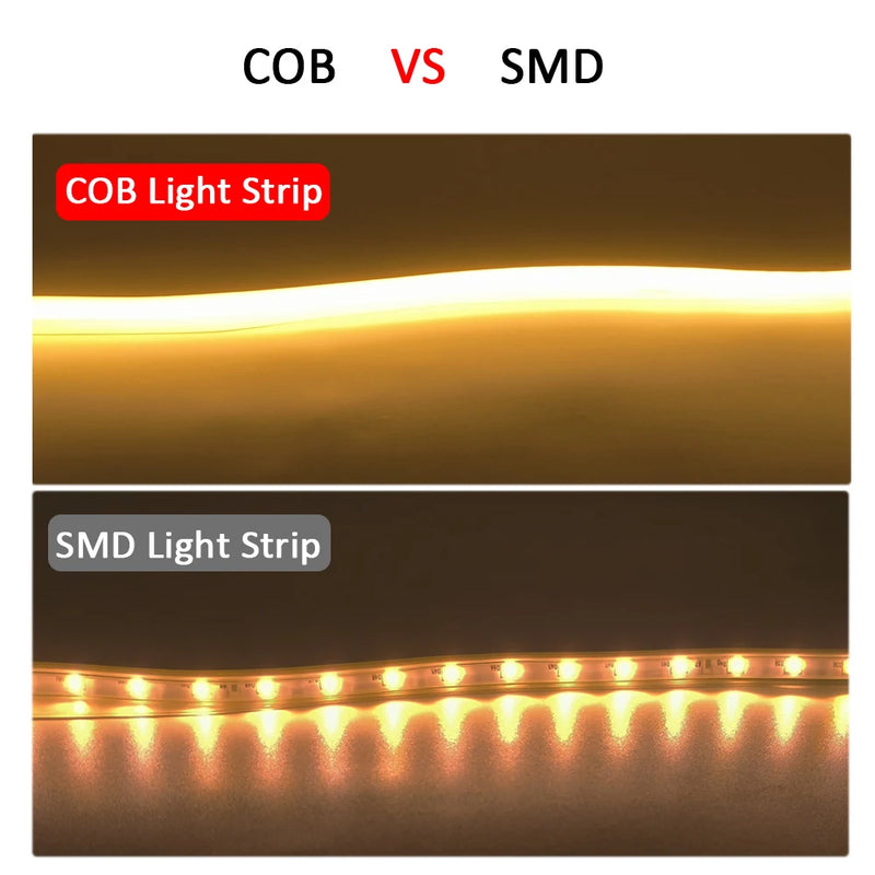 Bande LED COB 220 V – comparaison d'une lumière COB continue et d'une bande SMD à points lumineux