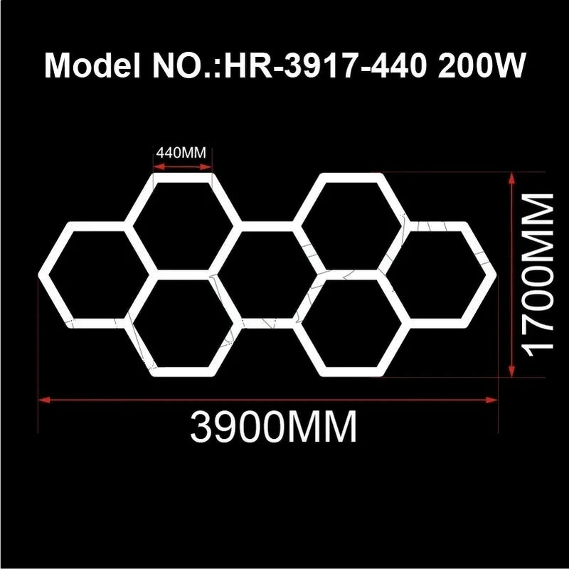 Éclairage LED hexagonal – schéma 7 hexagones, 390 x 170 cm