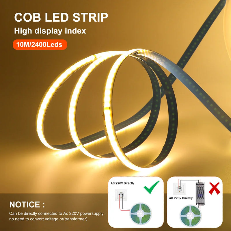 Bande LED COB 220 V – ruban en boucles allumé et raccordement direct au secteur 220 V