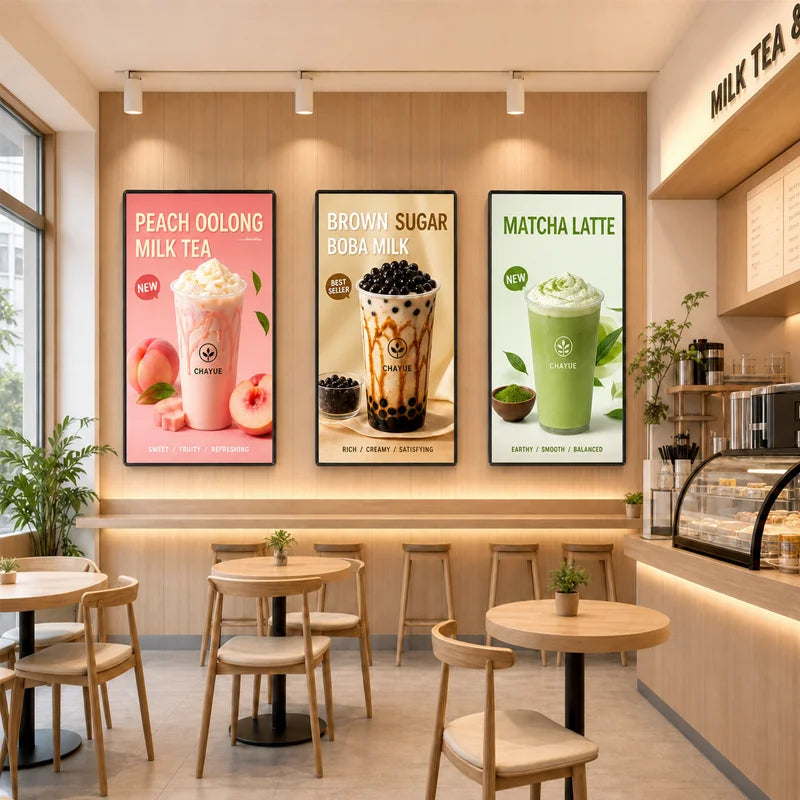 Caisson lumineux LED mural – trois caissons dans un café, affiches de boissons rétroéclairées