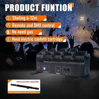 Canon à confettis électrique 4 têtes – portée de 6 à 12 m, commande DMX et télécommande
