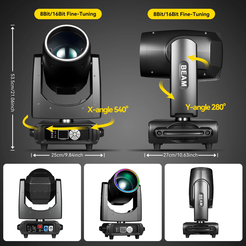 Lot de 2 lyres beam à lampe R7S 380 W, zoom 0 à 4°, 13 gobos, prismes 8 + 16 + 24, DMX 18 canaux