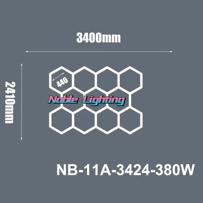 Plafonnier LED hexagonal – schéma du format 11 hexagones sans bordure, 340 x 241 cm