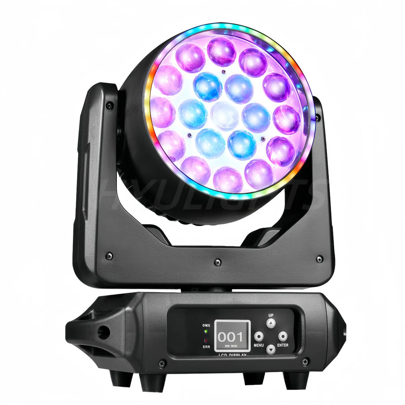 Lyre LED wash 19 x 15 W RGBW à anneau halo, zoom 8° à 60°, DMX
