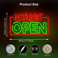 Enseigne néon RESTAURANT OPEN – schéma des dimensions 40 x 23,13 cm et accessoires