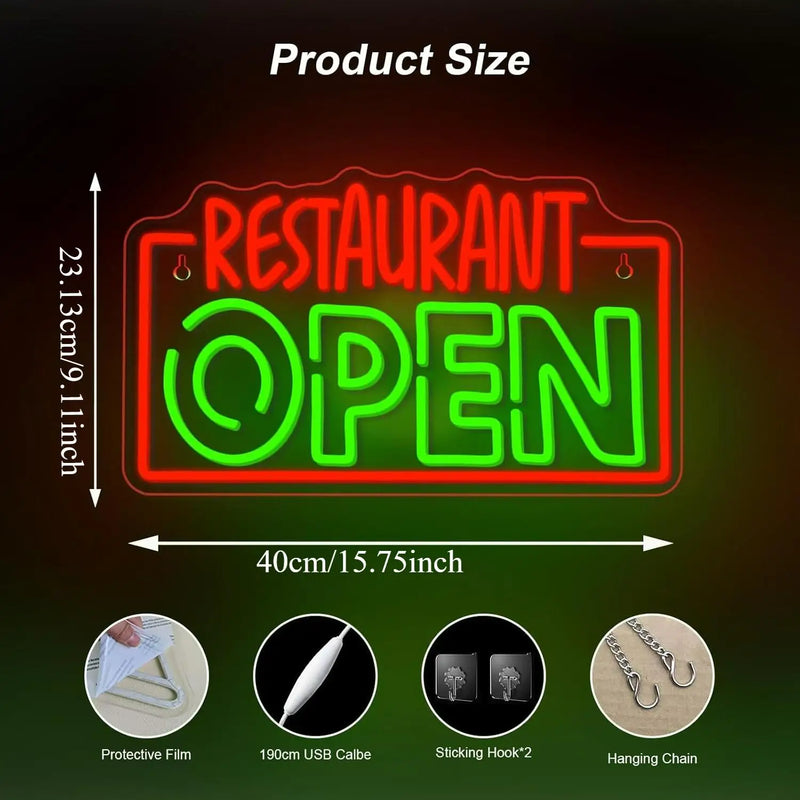 Enseigne néon RESTAURANT OPEN – schéma des dimensions 40 x 23,13 cm et accessoires