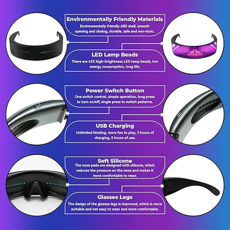Lunettes LED programmables par application Bluetooth, 432 LED RGB, rechargeables USB
