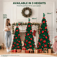 Sapin de Noël pliant pré-décoré en rouge, 150, 180 ou 210 cm, avec ou sans guirlande LED USB