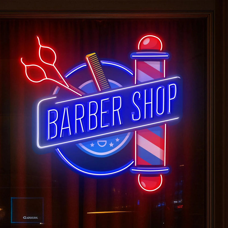 Enseigne néon Barber Shop – devant un rideau rouge, seconde vue