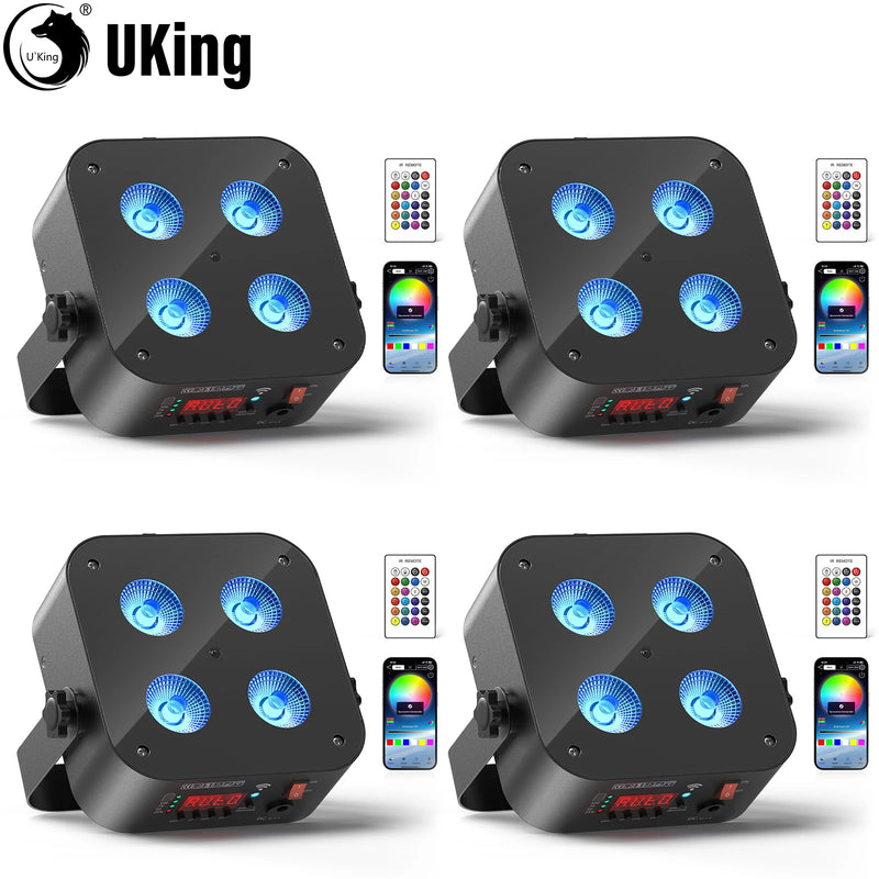 Lot de 4 mini uplights sans fil avec leurs télécommandes et l'application, visuel de présentation