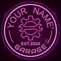 Néon garage personnalisé avec votre nom, engrenage, rond 29 cm, USB