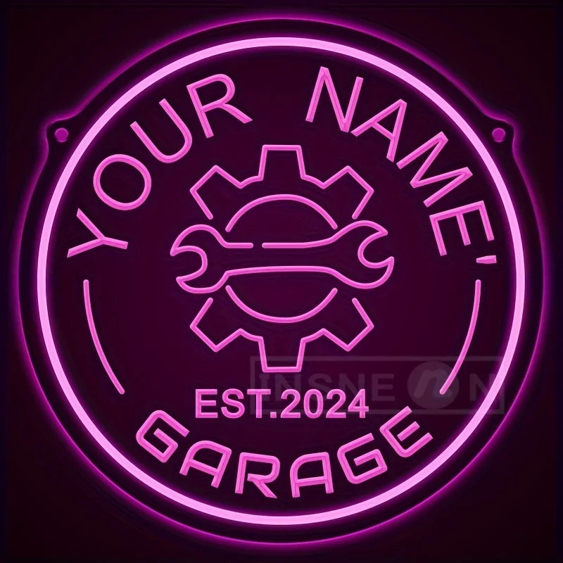 Néon garage personnalisé avec votre nom, engrenage, rond 29 cm, USB