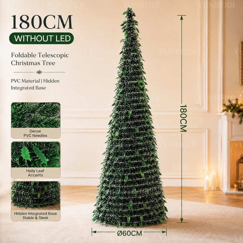 Sapin lumineux pliable télescopique à LED blanc chaud, 150 ou 180 cm