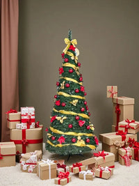 Petit sapin lumineux pop-up 120 cm avec LED, rubans et fleurs de Noël