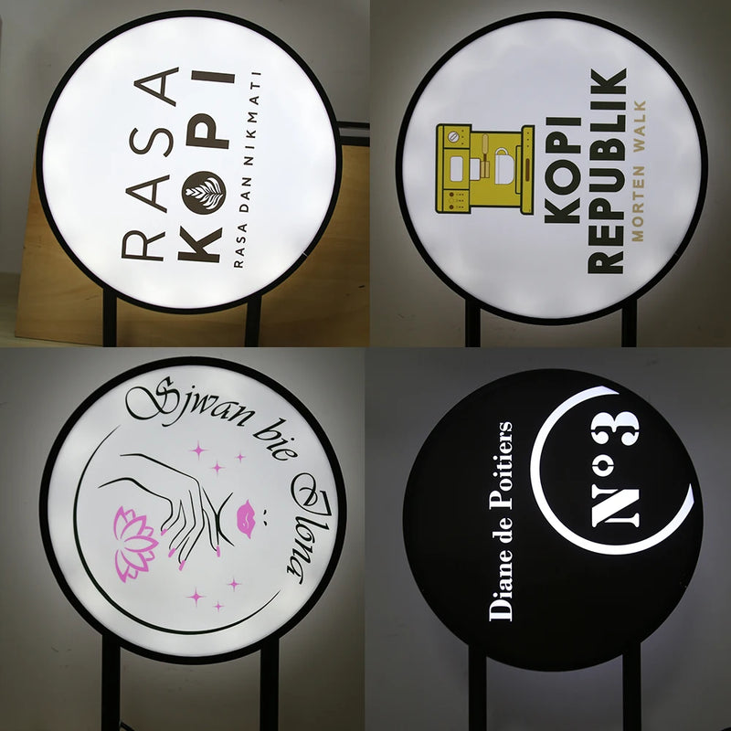 Enseigne drapeau ronde 60 cm – quatre exemples de logos imprimés