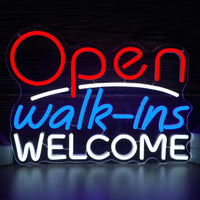 Enseigne néon Open Walk-Ins Welcome – modèle Open rouge en lettres rondes, Walk-Ins bleu, Welcome blanc