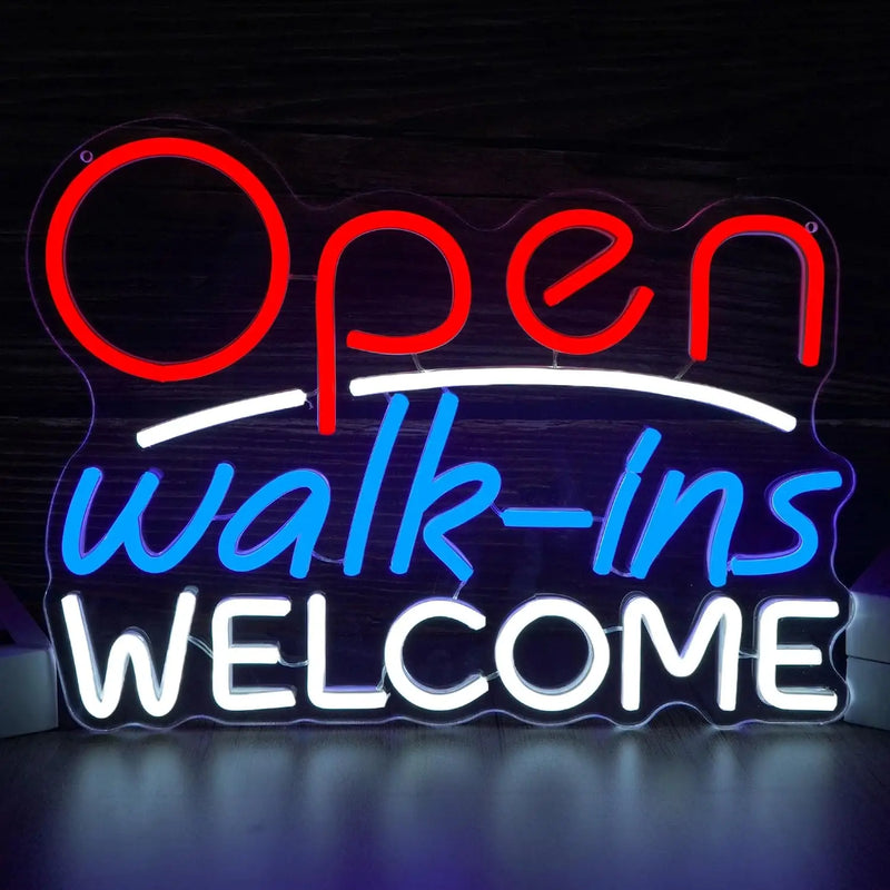 Enseigne néon Open Walk-Ins Welcome – modèle Open rouge en lettres rondes, Walk-Ins bleu, Welcome blanc