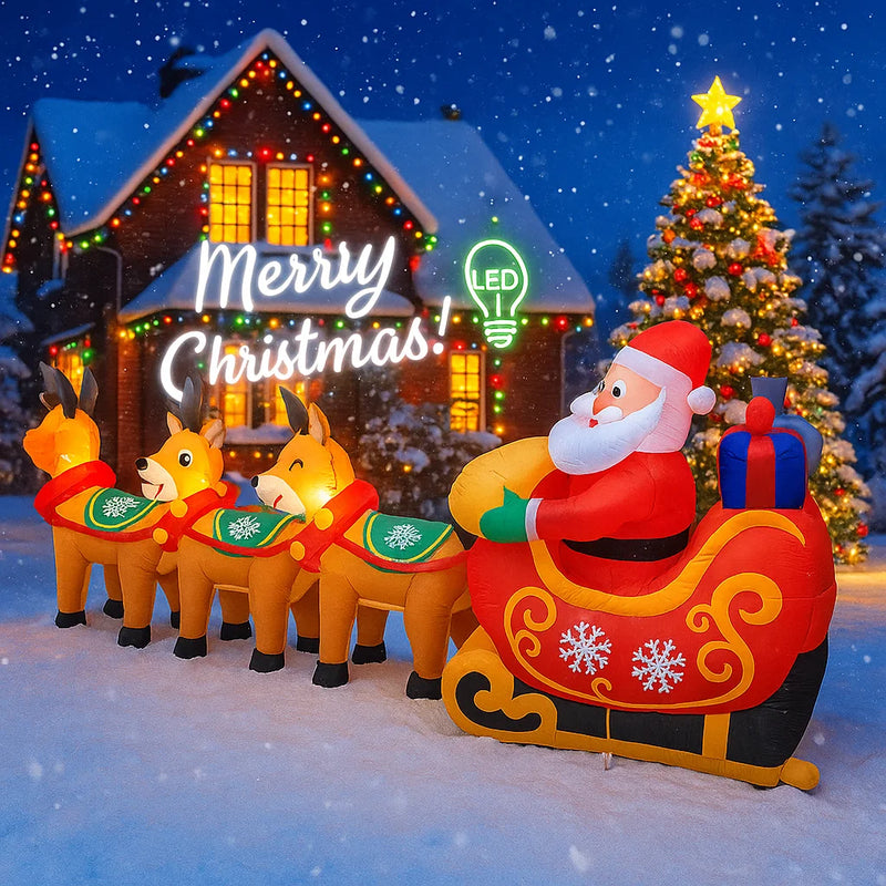 Père Noël gonflable avec traîneau et 3 rennes lumineux LED, 3 m
