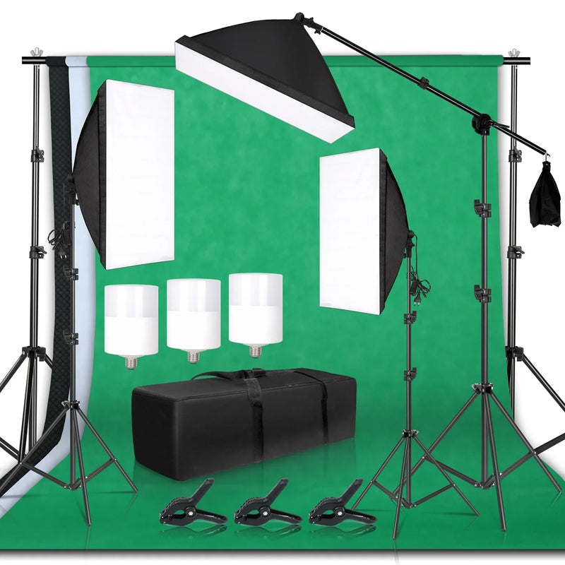 Kit éclairage studio photo : softbox 50 x 70 cm, perche ou parapluies, fonds en tissu