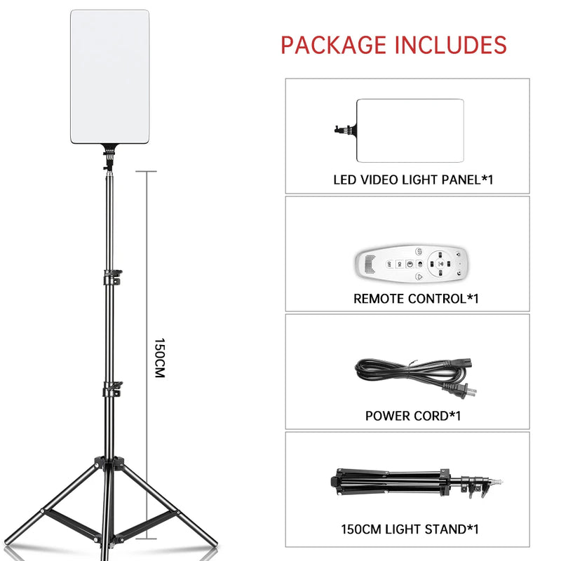 Panneau LED vidéo bicolore 90 W – version avec trépied de 150 cm : panneau, télécommande, cordon et trépied