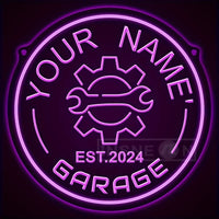 Néon garage personnalisé avec votre nom, engrenage, rond 29 cm, USB