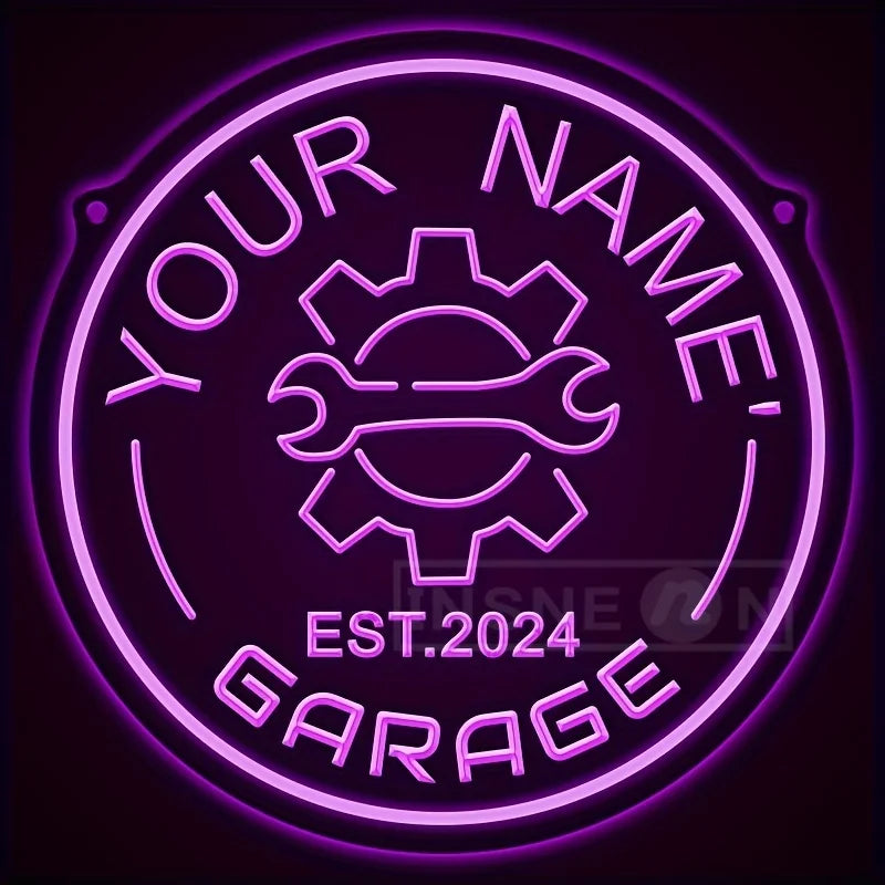 Néon garage personnalisé avec votre nom, engrenage, rond 29 cm, USB