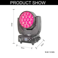 Lot de 2 lyres LED wash zoom 19 x 15 W – dimensions de 42 x 32 x 23 cm et poids de 9,5 kg par lyre